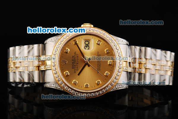 Rolex Datejust Automatic Movement Golden Dial with Diamond Markers and Two Tone Strap - Click Image to Close